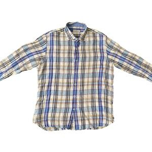 Aqua Toscano Button-Down Plaid Shirt Mens Large Blue 100% Linen Designer Preppy